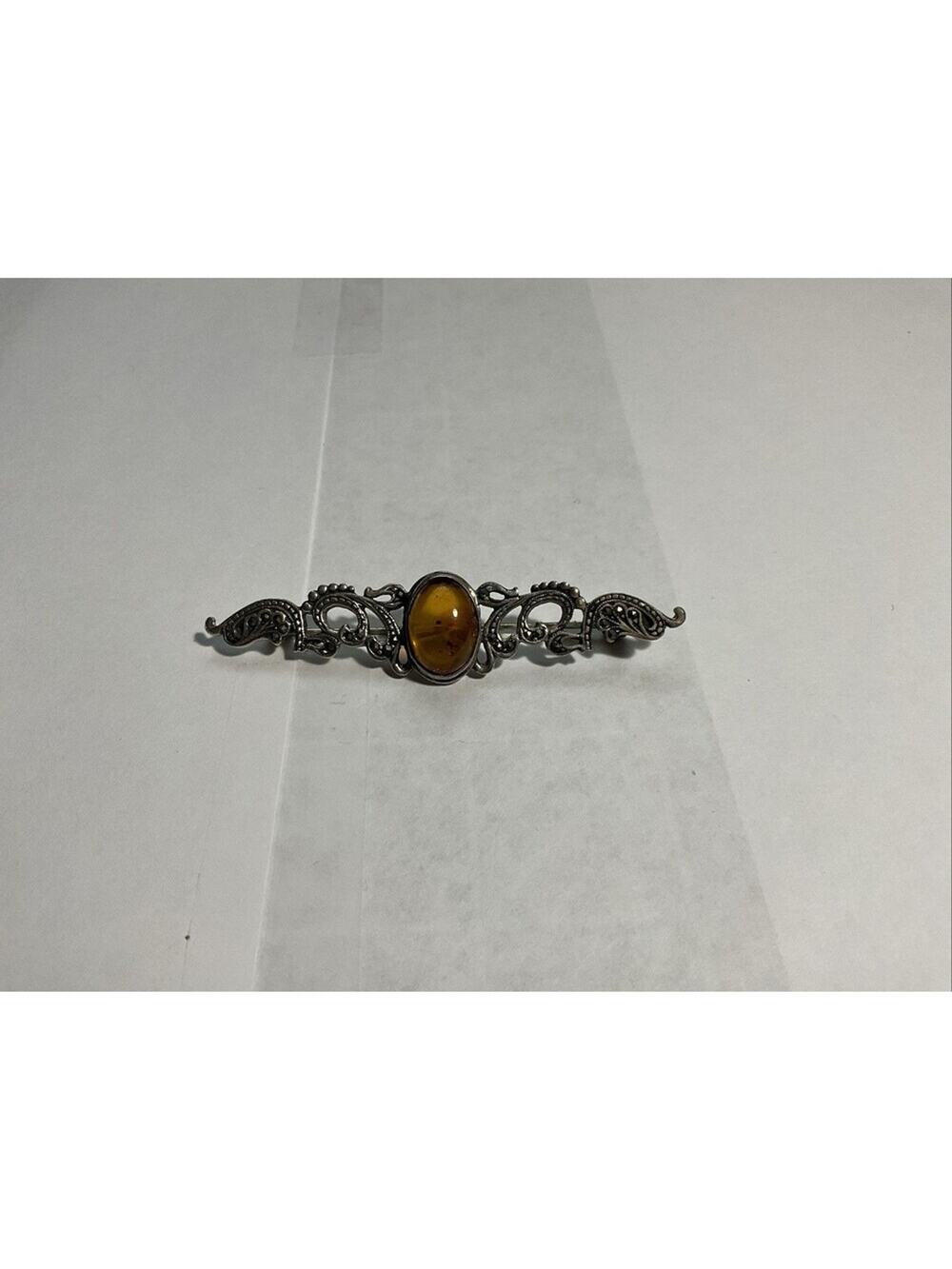 Vintage Antique Sterling Silver Amber Brooch Leaf Ornate